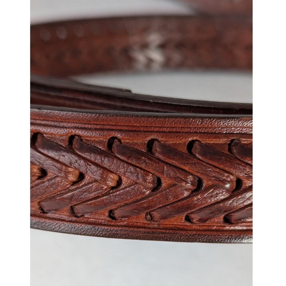Belt made in USA solid brass buckle Y2k 34"-38"X 1l/8"Hand tooled and woven EUC